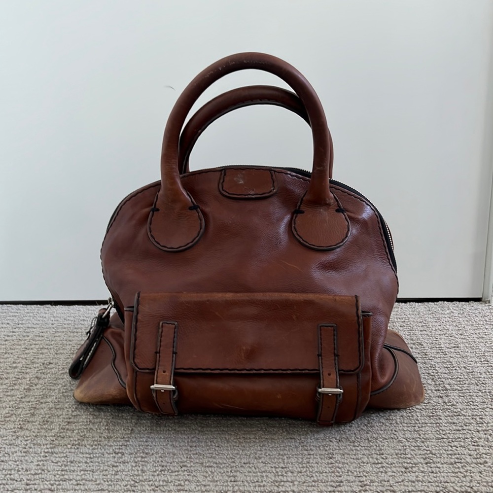 Chloe large brown leather weathered travel duffel bag oversized zipper vintage